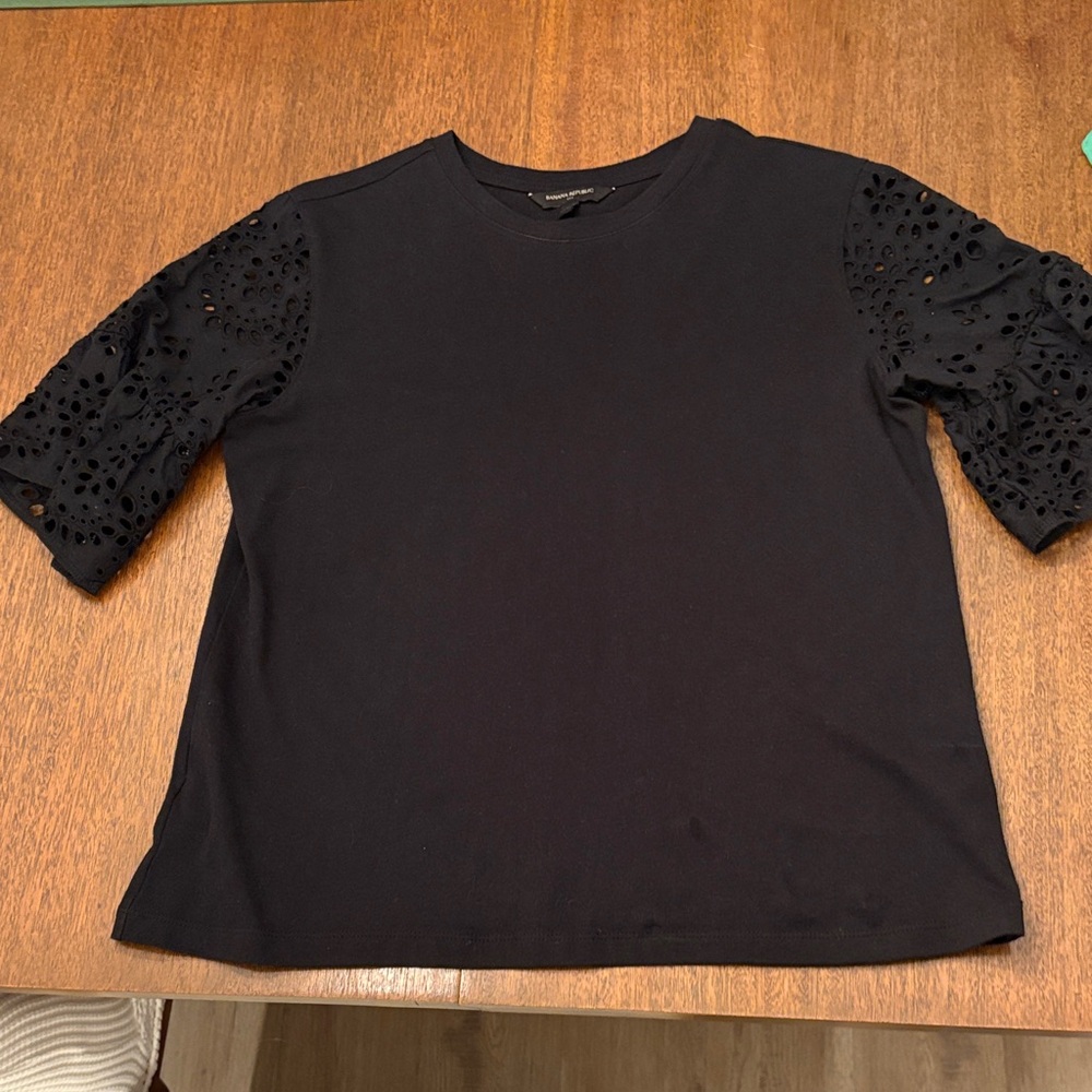 Banana Republic Black Short Sleeve Eyelet Top